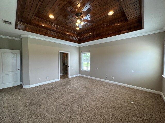2103 Holland Rd, Newton, AL 36352 - carpeted spare room with wooden ceiling, a raised ceiling, ceiling fan, baseboards, and ornamental molding