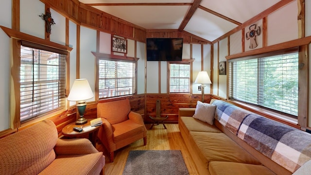 living room featuring lofted ceiling, light wood-style floors, and a wealth of natural light