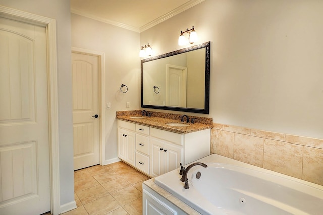 223 Veritas Dr, Dothan, AL 36303 - full bath featuring double vanity, a whirlpool tub, crown molding, and tile patterned flooring