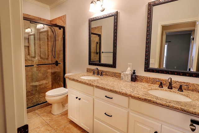 223 Veritas Dr, Dothan, AL 36303 - bathroom with crown molding, double vanity, a shower stall, and tile patterned flooring