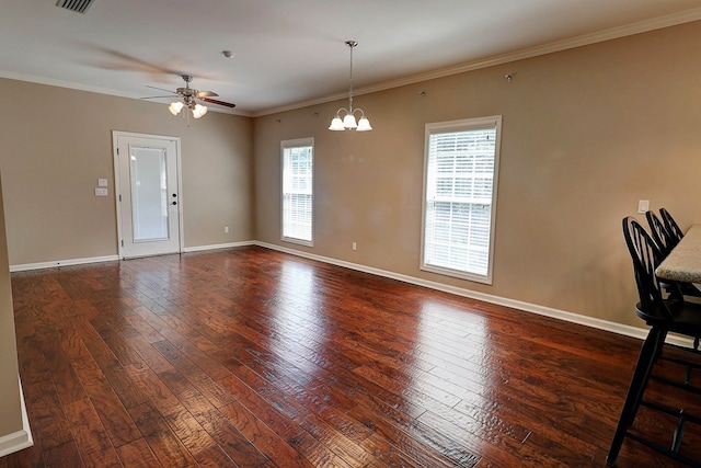 223 Veritas Dr, Dothan, AL 36303 - unfurnished living room with hardwood / wood-style flooring, ornamental molding, a ceiling fan, and a chandelier