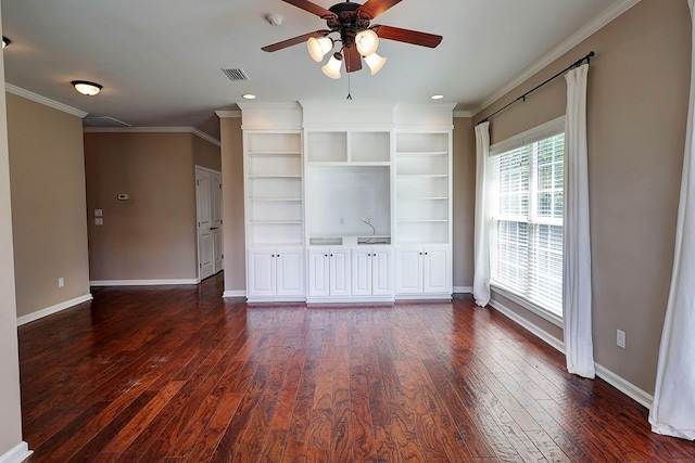 223 Veritas Dr, Dothan, AL 36303 - unfurnished living room featuring crown molding, a ceiling fan, dark wood-style floors, and recessed lighting