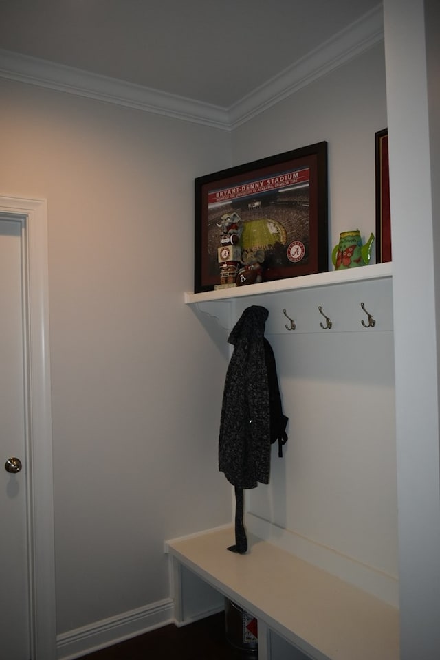 mudroom featuring baseboards and ornamental molding