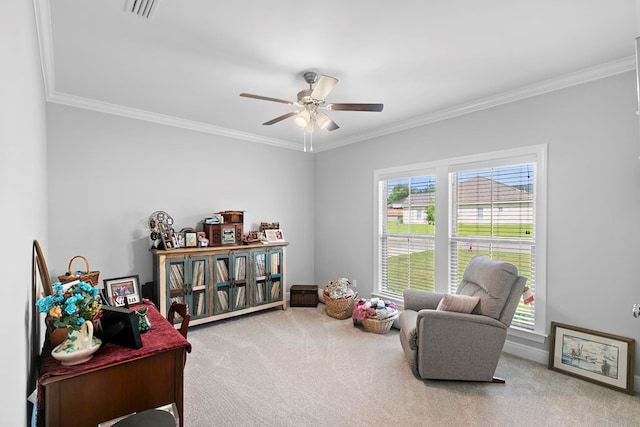 606 Billings Trl, Dothan, AL 36305 - sitting room featuring carpet, ornamental molding, and a ceiling fan