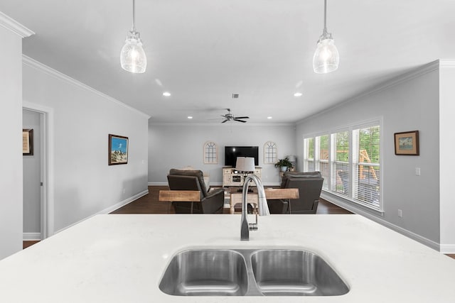 606 Billings Trl, Dothan, AL 36305 - kitchen featuring a sink, dark wood-style floors, crown molding, pendant lighting, and recessed lighting