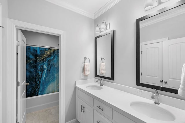 606 Billings Trl, Dothan, AL 36305 - bathroom with double vanity, ornamental molding, and shower / bath combination with curtain