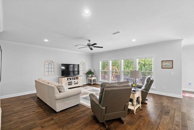 606 Billings Trl, Dothan, AL 36305 - living room with ornamental molding, a ceiling fan, dark wood-style floors, baseboards, and recessed lighting