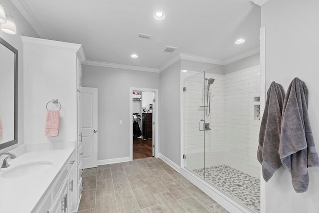 606 Billings Trl, Dothan, AL 36305 - bathroom with a stall shower, recessed lighting, vanity, ornamental molding, and baseboards