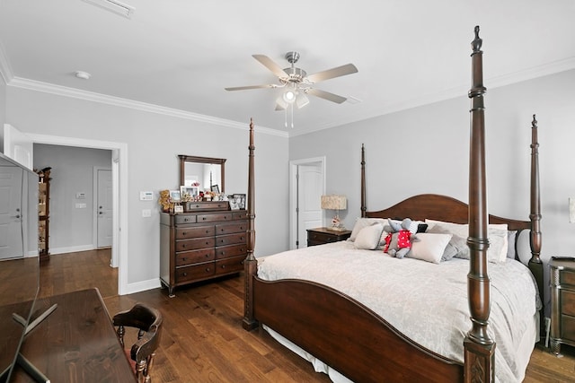 606 Billings Trl, Dothan, AL 36305 - bedroom with ornamental molding, dark wood-style flooring, baseboards, and ceiling fan