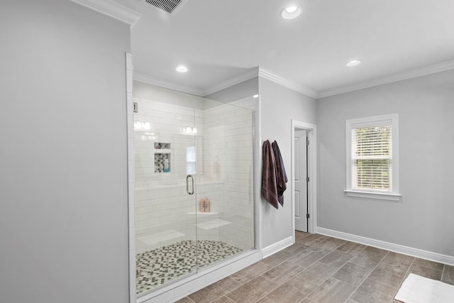 606 Billings Trl, Dothan, AL 36305 - bathroom featuring recessed lighting, a stall shower, baseboards, and crown molding