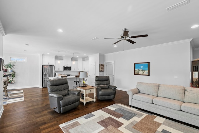 606 Billings Trl, Dothan, AL 36305 - living area with recessed lighting, a ceiling fan, crown molding, baseboards, and dark wood-style floors