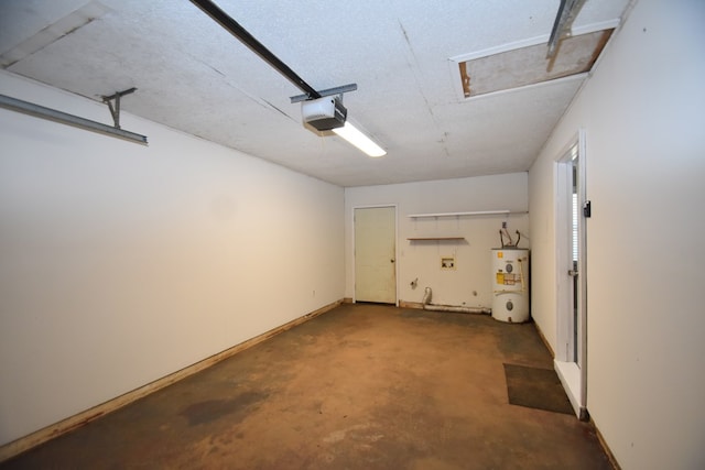 garage with a garage door opener and water heater