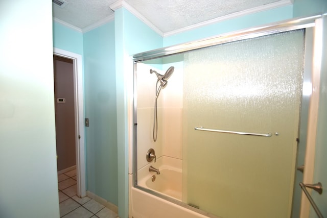 bathroom with crown molding, enclosed tub / shower combo, tile patterned floors, and a textured ceiling