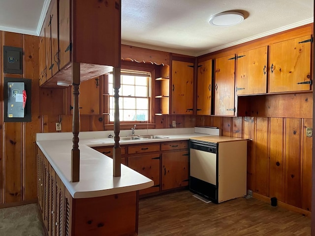 kitchen with sink, kitchen peninsula, wooden walls, and ornamental molding