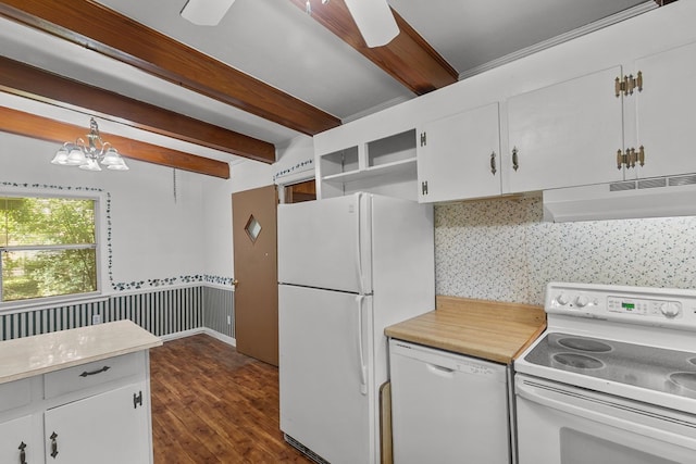 1104 Valley Forge Rd, Dothan, AL 36301 - kitchen with white appliances, under cabinet range hood, beamed ceiling, dark wood finished floors, and a chandelier