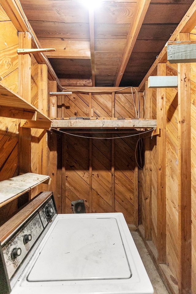 1104 Valley Forge Rd, Dothan, AL 36301 - laundry room with washer / clothes dryer, wood ceiling, and wood walls