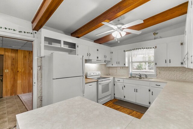 1104 Valley Forge Rd, Dothan, AL 36301 - kitchen featuring white appliances, a sink, open shelves, under cabinet range hood, and a ceiling fan