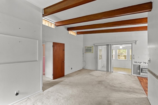 1104 Valley Forge Rd, Dothan, AL 36301 - unfurnished living room featuring carpet, beamed ceiling, a wall unit AC, heating unit, and ceiling fan