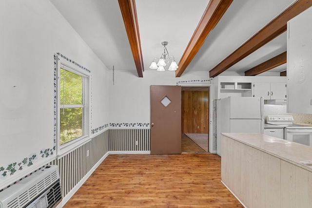 1104 Valley Forge Rd, Dothan, AL 36301 - kitchen featuring white appliances, a chandelier, under cabinet range hood, light wood-type flooring, and beam ceiling