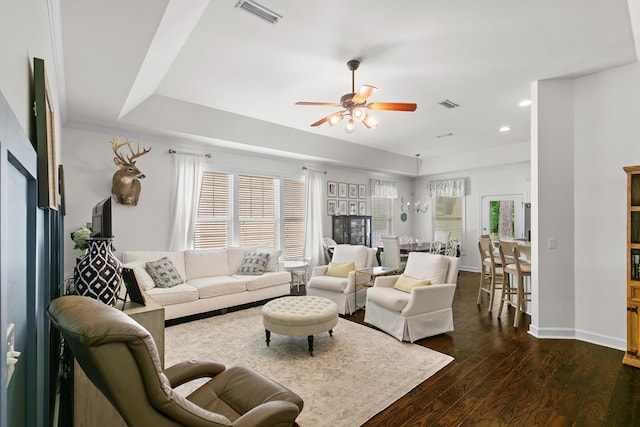 538 Orchard, Dothan, AL 36305 - living room featuring ceiling fan, dark wood-style flooring, recessed lighting, and a tray ceiling