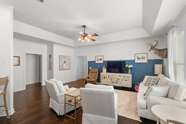 538 Orchard, Dothan, AL 36305 - living area featuring ceiling fan, a raised ceiling, and dark wood-style floors