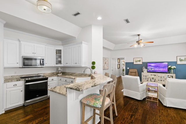 538 Orchard, Dothan, AL 36305 - kitchen featuring stainless steel appliances, open floor plan, a peninsula, light stone counters, and a breakfast bar