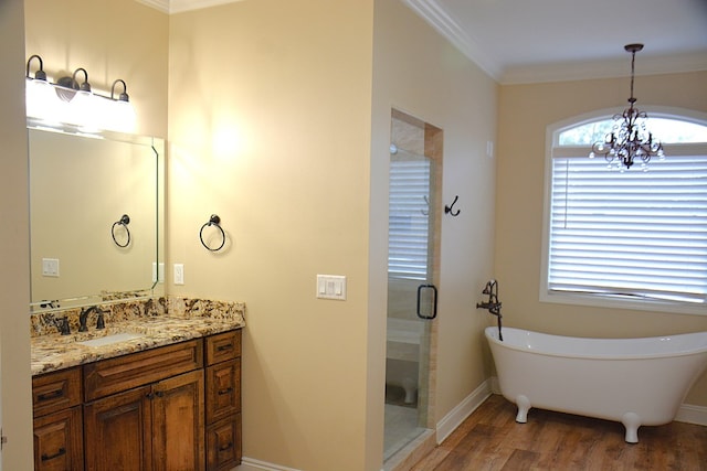 bathroom with a chandelier, wood finished floors, vanity, a stall shower, and crown molding
