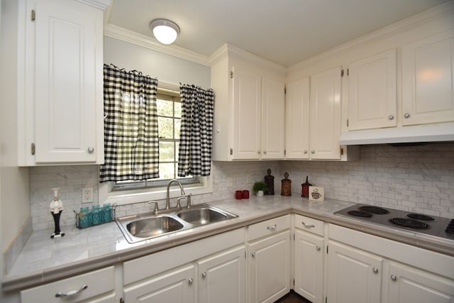 145 Deerpath St, Ozark, AL 36360 - kitchen with under cabinet range hood, white cabinets, decorative backsplash, electric cooktop, and crown molding