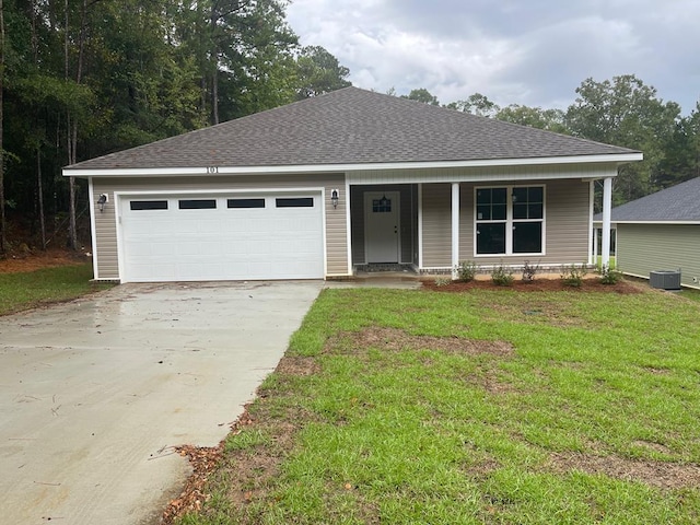 ranch-style home with central AC unit, a porch, a garage, and a front lawn