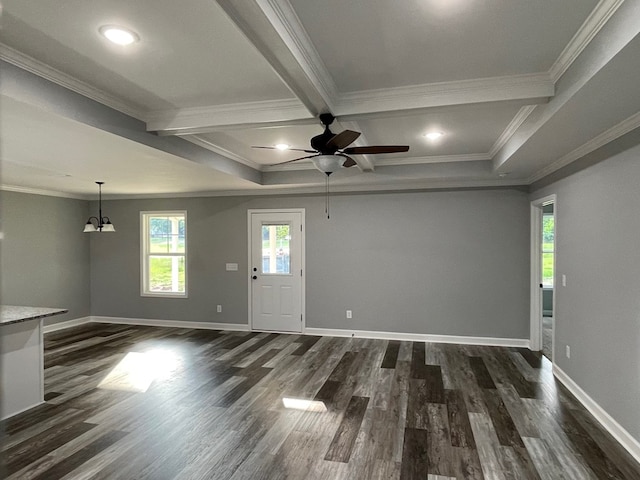 entrance foyer featuring dark wood finished floors, beam ceiling, baseboards, and ceiling fan