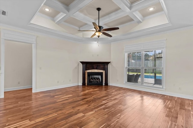 125 Hayley Dr, Enterprise, AL 36330 - unfurnished living room with ceiling fan, wood finished floors, coffered ceiling, crown molding, and a fireplace