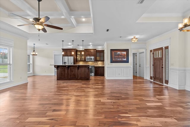 125 Hayley Dr, Enterprise, AL 36330 - unfurnished living room featuring a chandelier, wood finished floors, crown molding, coffered ceiling, and a ceiling fan