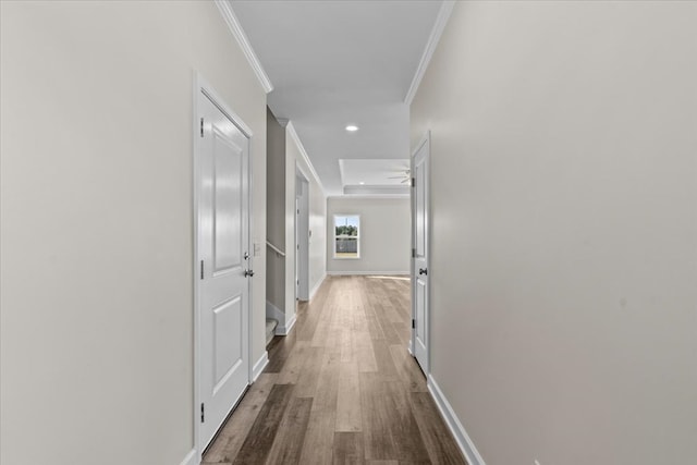 corridor featuring hardwood / wood-style flooring and crown molding