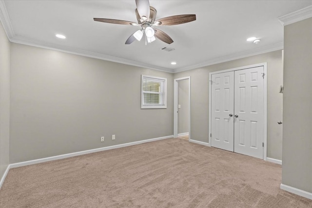 1401 Deese Rd, Ozark, AL 36360 - unfurnished bedroom featuring crown molding, carpet, recessed lighting, and a ceiling fan