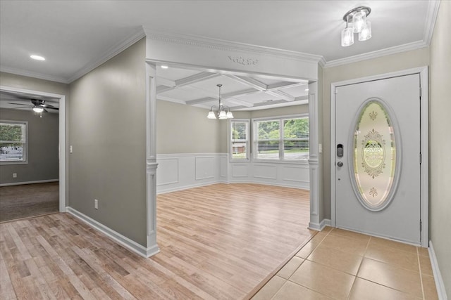1401 Deese Rd, Ozark, AL 36360 - foyer entrance with a chandelier, light wood-style flooring, recessed lighting, beam ceiling, and ceiling fan