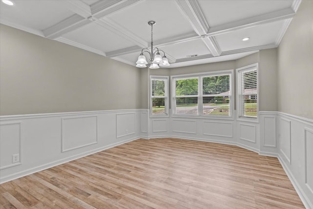 1401 Deese Rd, Ozark, AL 36360 - empty room featuring coffered ceiling, light wood-style flooring, a chandelier, recessed lighting, and beam ceiling