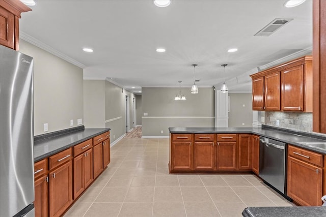 1401 Deese Rd, Ozark, AL 36360 - kitchen with appliances with stainless steel finishes, recessed lighting, ornamental molding, a peninsula, and light tile patterned flooring