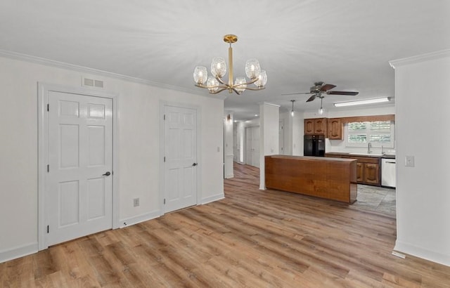 kitchen featuring dishwasher, ceiling fan with notable chandelier, crown molding, hanging light fixtures, and light hardwood / wood-style floors