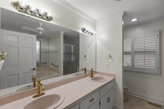 full bathroom featuring a textured ceiling, ceiling fan, crown molding, tile patterned flooring, and shower with separate bathtub