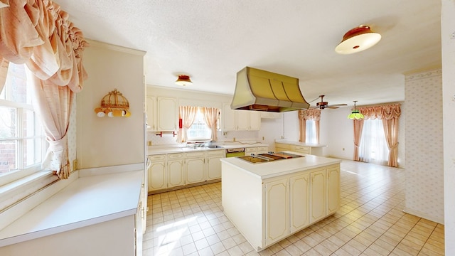 709 Rosemont Dr, Dothan, AL 36303 - kitchen with wallpapered walls, light countertops, extractor fan, and a ceiling fan