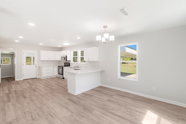 kitchen with kitchen peninsula, white cabinetry, a healthy amount of sunlight, and appliances with stainless steel finishes