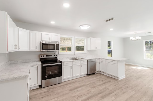 kitchen featuring kitchen peninsula, appliances with stainless steel finishes, light wood-type flooring, sink, and white cabinets