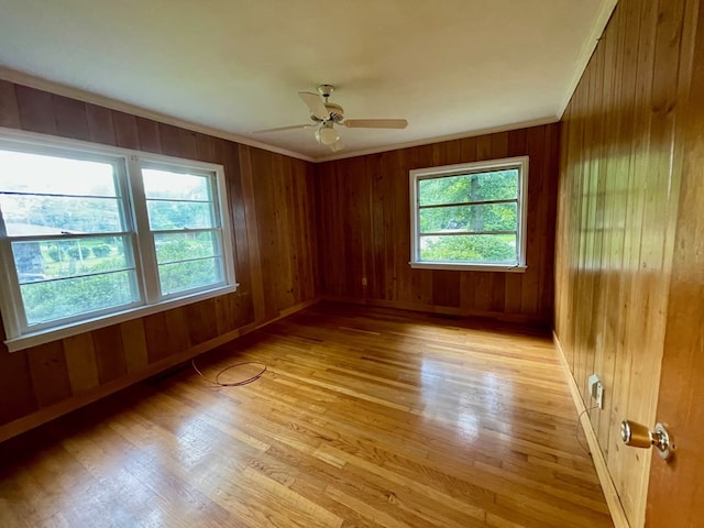 1105 Deborah St, Dothan, AL 36301 - spare room with light wood-type flooring, ceiling fan, wood walls, and crown molding