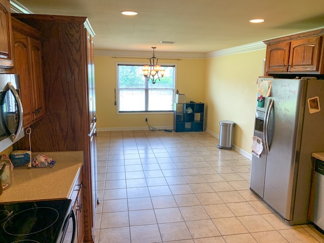 708 Sandstone Dr, Dothan, AL 36303 - kitchen featuring stainless steel appliances, crown molding, a chandelier, light tile patterned floors, and light countertops