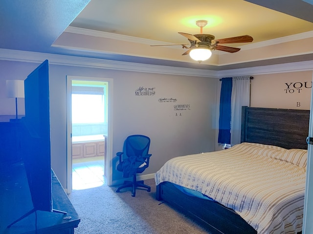 708 Sandstone Dr, Dothan, AL 36303 - bedroom with a raised ceiling, carpet, ornamental molding, a ceiling fan, and ensuite bathroom