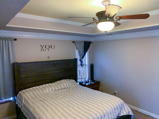 708 Sandstone Dr, Dothan, AL 36303 - bedroom featuring carpet flooring, a tray ceiling, ornamental molding, and ceiling fan
