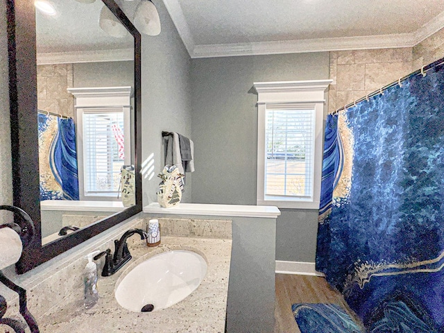 bathroom featuring crown molding, sink, hardwood / wood-style floors, and plenty of natural light