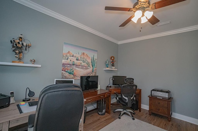 home office featuring light hardwood / wood-style floors, ceiling fan, and ornamental molding