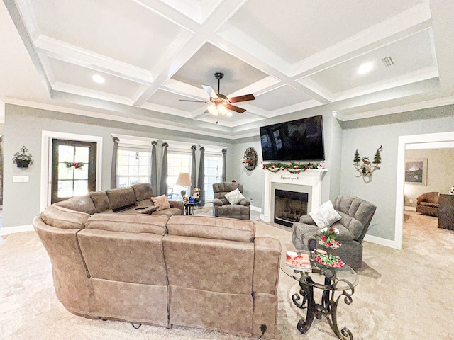 carpeted living room featuring beamed ceiling, ornamental molding, and coffered ceiling