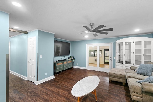 6970 Walden Dr, Kinsey, AL 36303 - living area featuring french doors, dark wood-type flooring, recessed lighting, ornamental molding, and ceiling fan